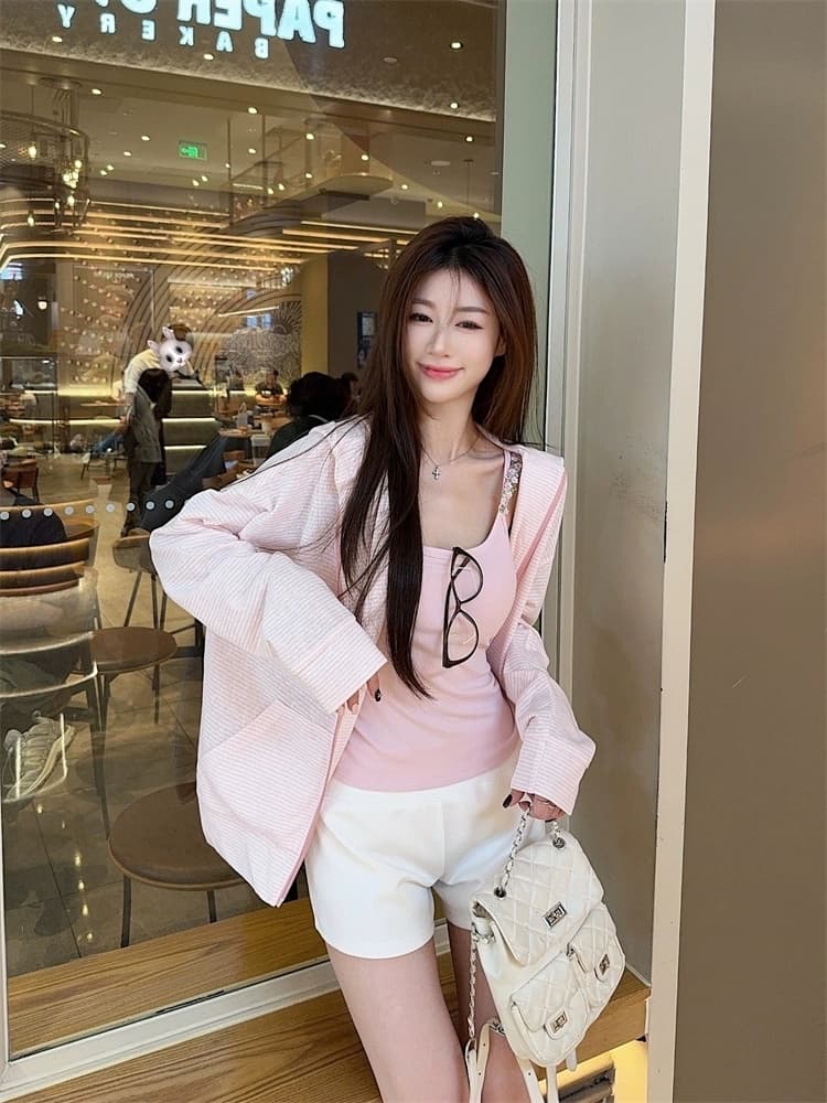 달콤한 핫걸 핑크색 꽃 더블 어깨끈 캐미솔 여름 인사이드 가져 가라. 외출용 벨트 가슴 패드 몸매 가꾸기 포장 가슴 맨위 상세 이미지 8