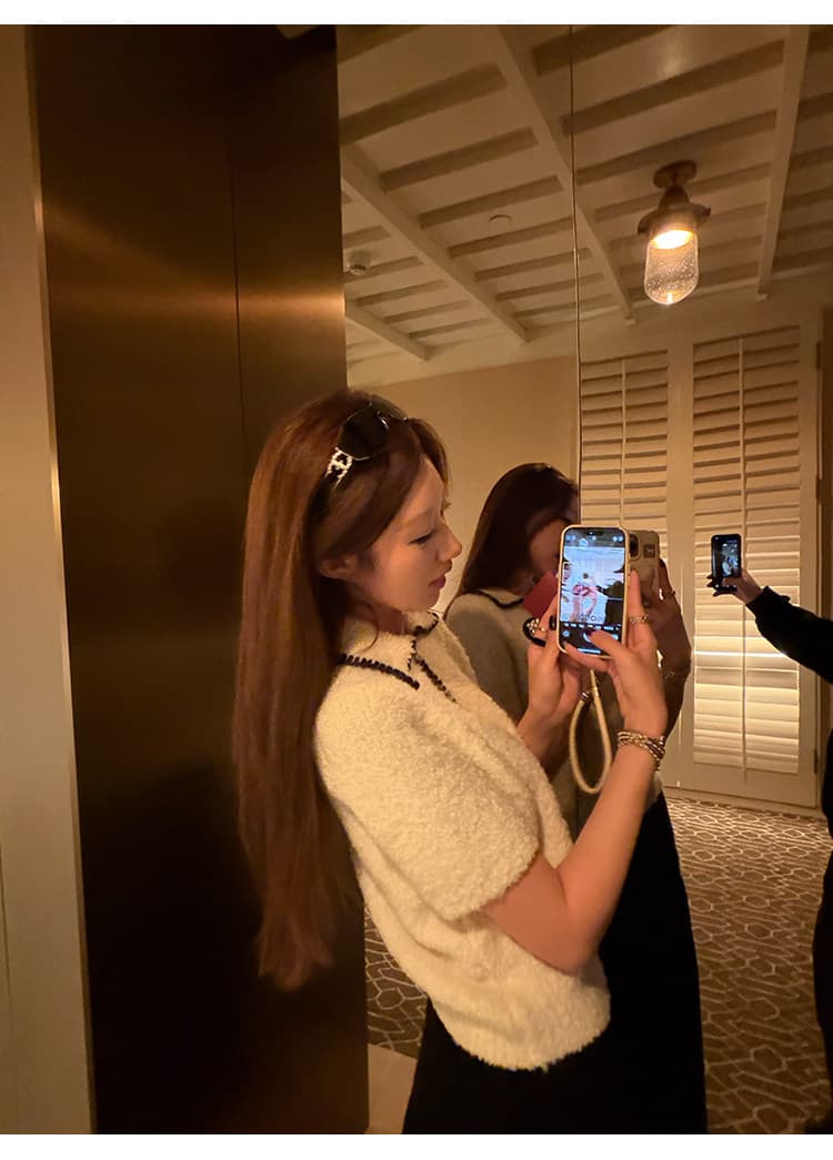 작은 샤넬 스타일 니트 스웨터 여성 초여름 섹션 인사이드 가져 가라. 기본 셔츠 작은 키 명문 여성 천 골드 센스 반팔 맨위 니트 스웨터 상세 이미지 10