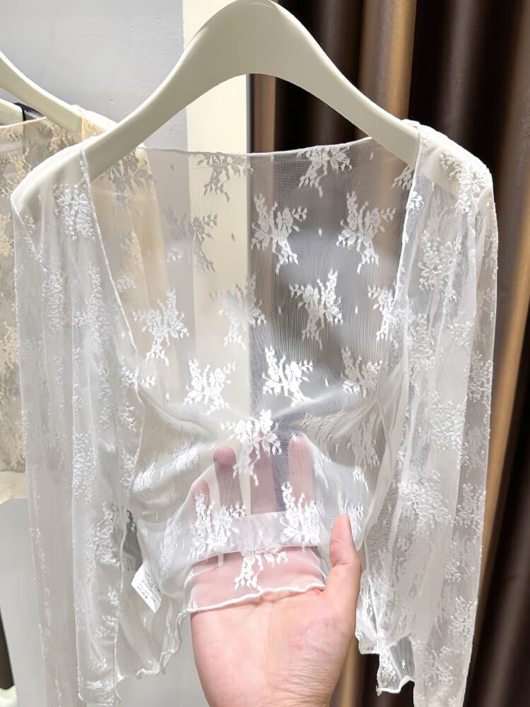 자외선 차단 오픈 가디건 여성 작은 외부 가져 가라. 얇은 스타일 V넥 시스루 레이스 숄 여름 경기 슬립 치마 쇼트 스타일 블라우스 여성 상세 이미지 2