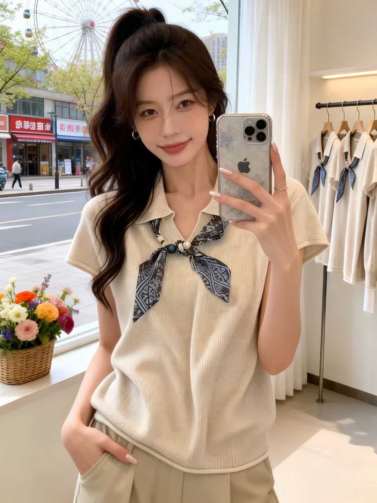 한 부서 POLO 칼라 스카프 반팔 니트 스웨터 패션 외국 가스 여성 2026 새로운 여름 슬림해 보이는 품격 맨위 여성 이미지 2