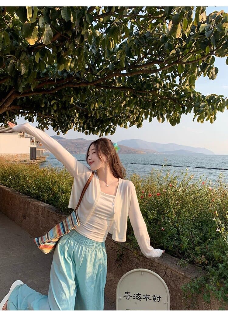 핑크색 작은 외부 가져 가라. 블라우스 오픈 가디건 여성 경기 슬립 2026 새로운 여름 얇고 가벼운 니트 재킷 자외선 차단 짧은 맨위 상세 이미지 21