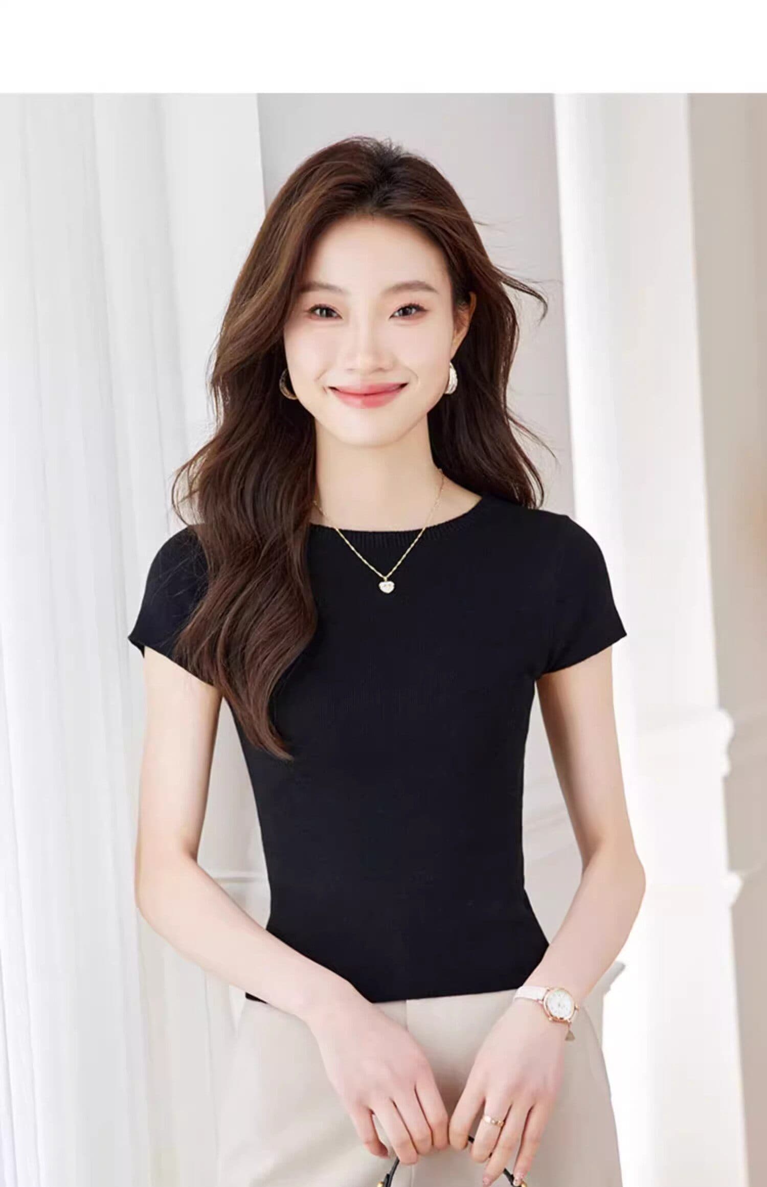 미니멀리즘 단색 긍정적 인 어깨 라운드 넥 반팔 티셔츠 여성 여름 새로운 몸매 가꾸기 다용도 얇은 스타일 쇼트 스타일 맨위 상세 이미지 11