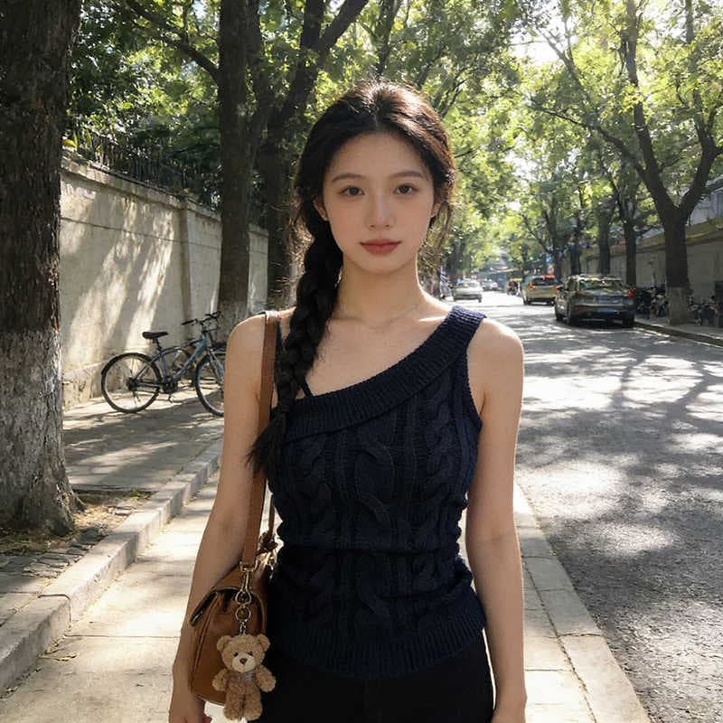 핫걸 바람 비스듬한 어깨 마 무늬 니트 캐미솔 작은 대중 몸매 가꾸기 슬림해 보이는 다용도 작은 키 순수한 욕망 맨위 이미지 3