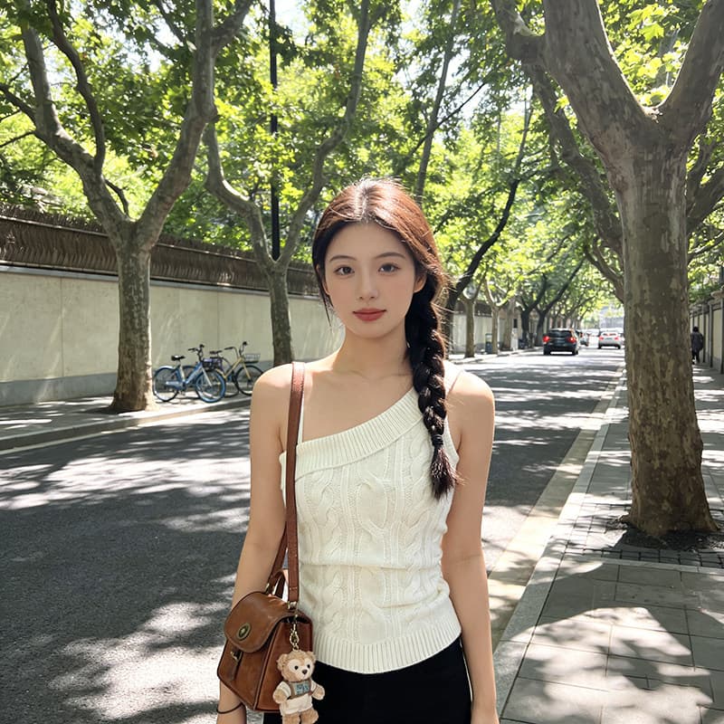 핫걸 바람 비스듬한 어깨 마 무늬 니트 캐미솔 작은 대중 몸매 가꾸기 슬림해 보이는 다용도 작은 키 순수한 욕망 맨위 상세 이미지 1