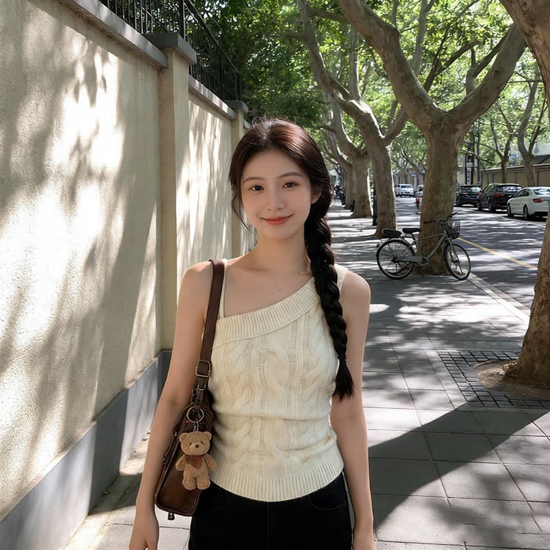 핫걸 바람 비스듬한 어깨 마 무늬 니트 캐미솔 작은 대중 몸매 가꾸기 슬림해 보이는 다용도 작은 키 순수한 욕망 맨위 상세 이미지 6
