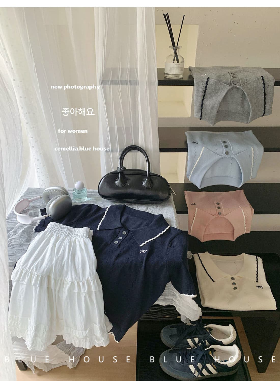 소녀 miu 부서 해군 명중 폴로 칼라 나비 매듭 자수 니트 반팔 여성 여름 홀로우 아웃 부드러운 찹쌀 다용도 맨위 상세 이미지 16