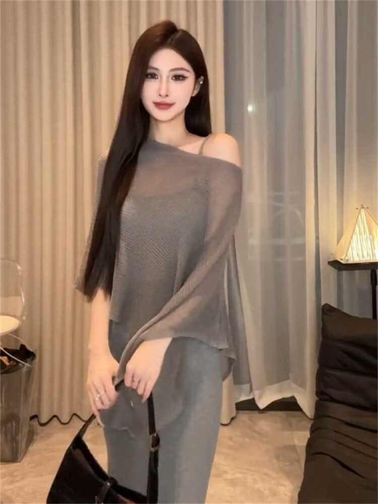 불규칙 보트넥 비스듬한 어깨 망토 태양 보호 셔츠 여성 여름 루즈핏 느긋한 바람 얇은 스타일 얼음 실크 니트 스웨터 맨위