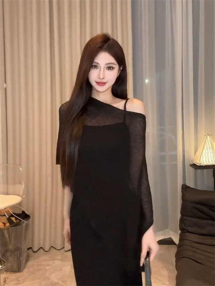 불규칙 보트넥 비스듬한 어깨 망토 태양 보호 셔츠 여성 여름 루즈핏 느긋한 바람 얇은 스타일 얼음 실크 니트 스웨터 맨위 상세 이미지 8