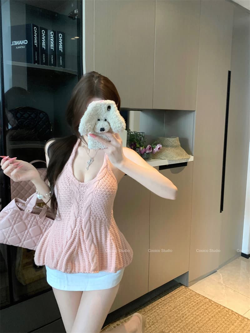 섹시함 백리스 행침 목 캐미솔 여름 몸매 가꾸기 니트 외출용 핫걸 바람 맨위 상세 이미지 1