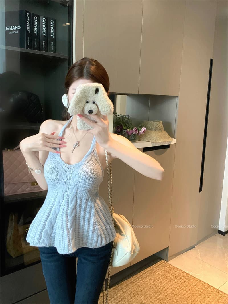 섹시함 백리스 행침 목 캐미솔 여름 몸매 가꾸기 니트 외출용 핫걸 바람 맨위 상세 이미지 14