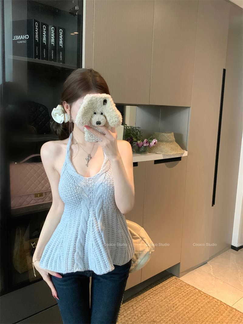 섹시함 백리스 행침 목 캐미솔 여름 몸매 가꾸기 니트 외출용 핫걸 바람 맨위 상세 이미지 16