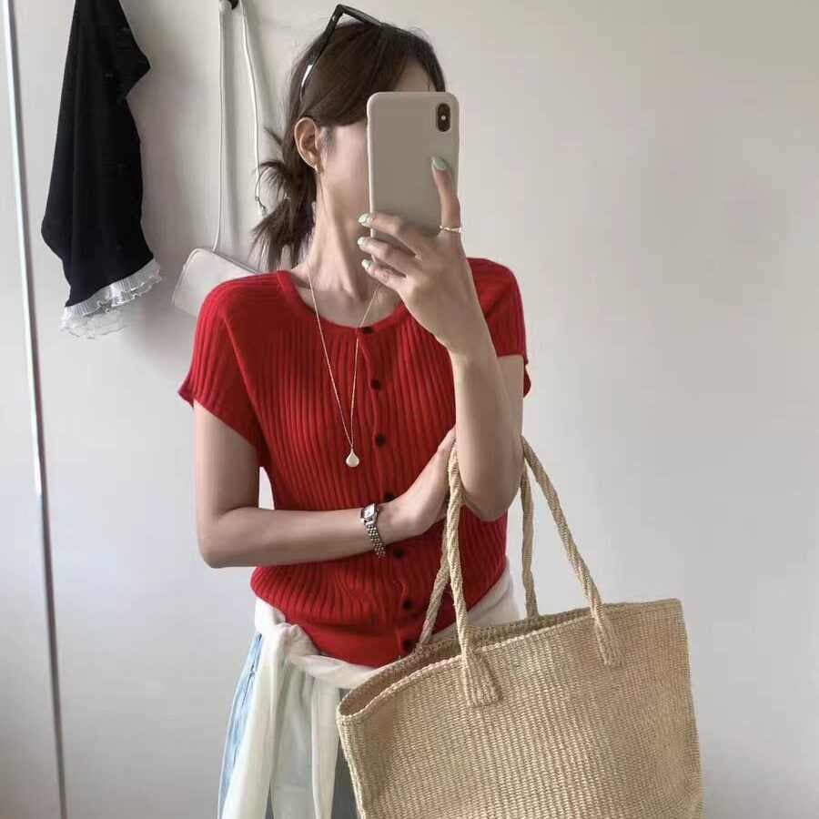 여름 한국 스타일 디자인 센스 새로운 다용도 미니멀리즘 라운드 넥 구덩이 기사 슬림해 보이는 반팔 니트 오픈 가디건 맨위 여성 이미지 5