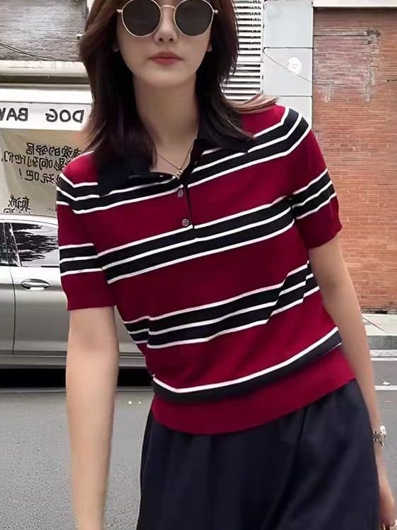 배색 스트라이프 POLO 칼라 얼음 실크 반팔 니트 스웨터 여성 새로운 여름 프랑스식 루즈핏 기본 셔츠 맨위