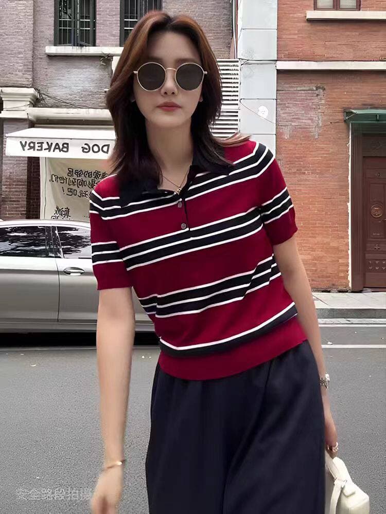 배색 스트라이프 POLO 칼라 얼음 실크 반팔 니트 스웨터 여성 새로운 여름 프랑스식 루즈핏 기본 셔츠 맨위 상세 이미지 2