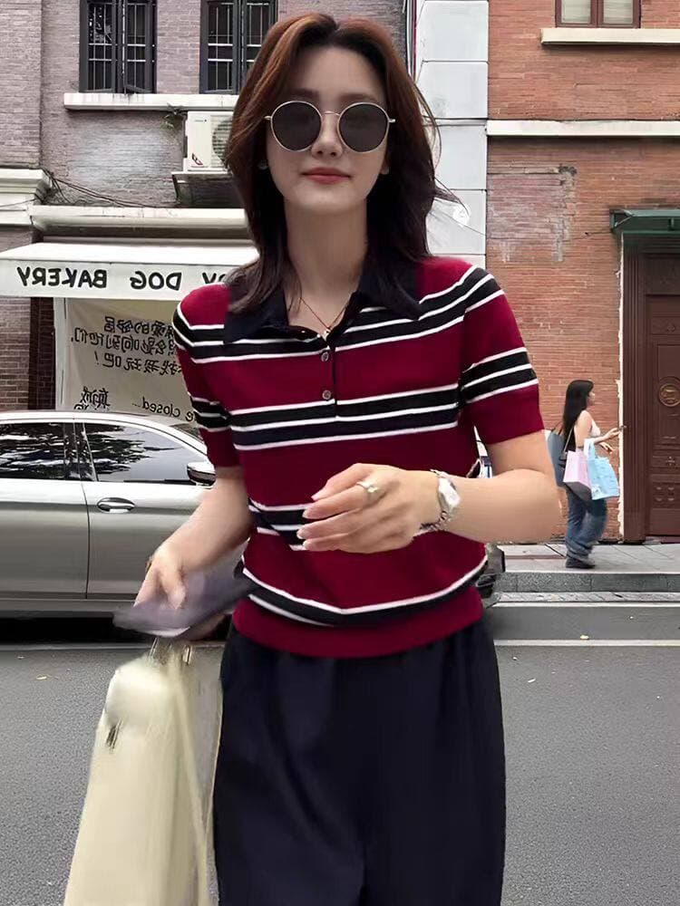 배색 스트라이프 POLO 칼라 얼음 실크 반팔 니트 스웨터 여성 새로운 여름 프랑스식 루즈핏 기본 셔츠 맨위 상세 이미지 3