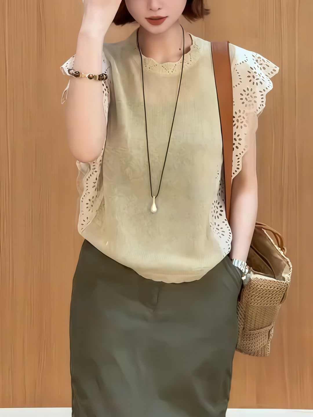 고급 빛 럭셔리 빅 사이즈 여성 의류 여름 새로운 미니멀리즘 디자인 센스 살구 색상 라운드 넥 레이스 조각 민소매 맨위 이미지 2