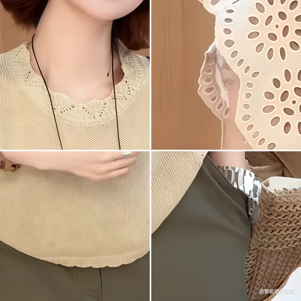 고급 빛 럭셔리 빅 사이즈 여성 의류 여름 새로운 미니멀리즘 디자인 센스 살구 색상 라운드 넥 레이스 조각 민소매 맨위 상세 이미지 5