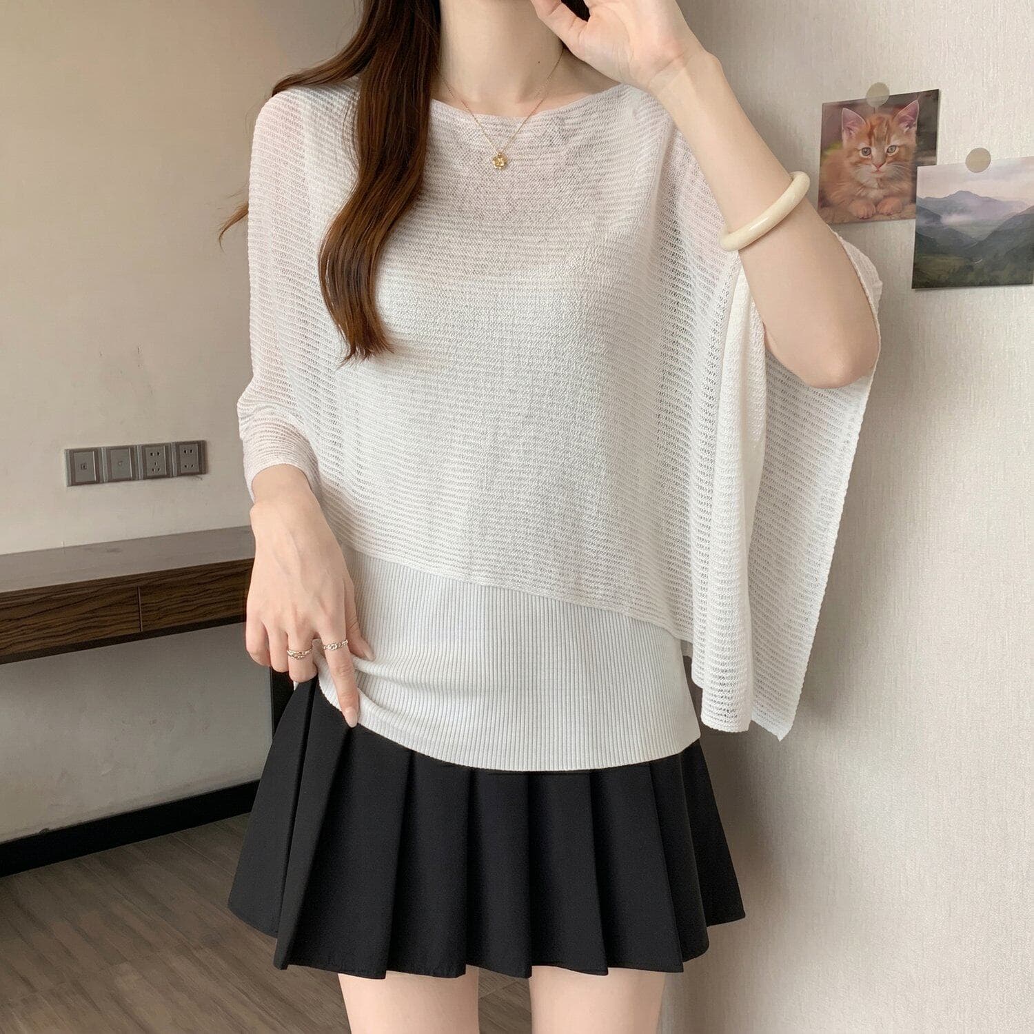 페이크 레이어드 숄 얼음 실크 태양 보호 셔츠 티셔츠 여성 얇은 스타일 여름 빅 사이즈 지방 mm 슬림해 보이는 고급 디자인 센스 맨위 상세 이미지 2