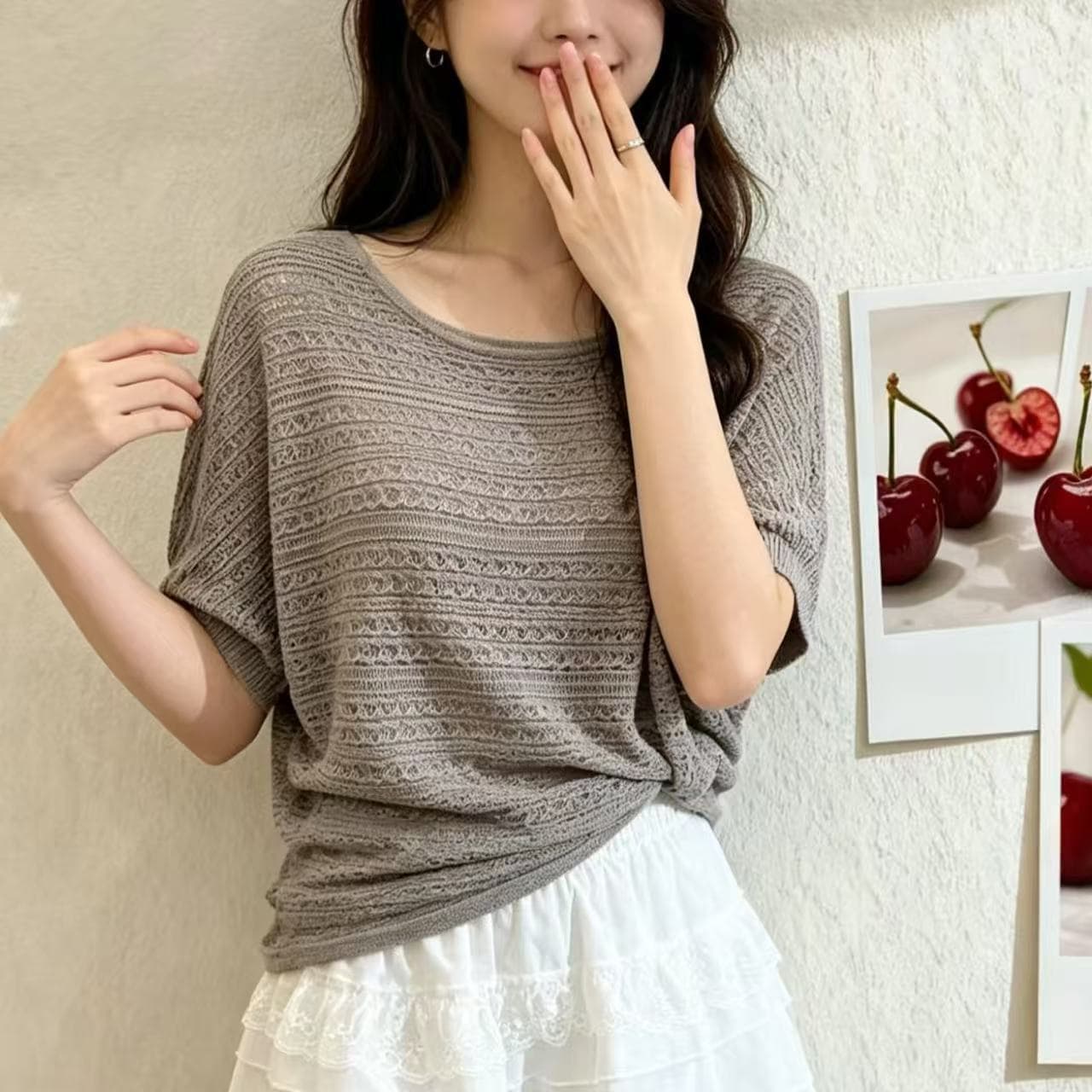 순수한 욕망 바람 비스듬한 어깨 불규칙 새로운 니트 반팔 여성 여름 신선함 루즈핏 블라우스 디자인 센스 맨위 상세 이미지 4