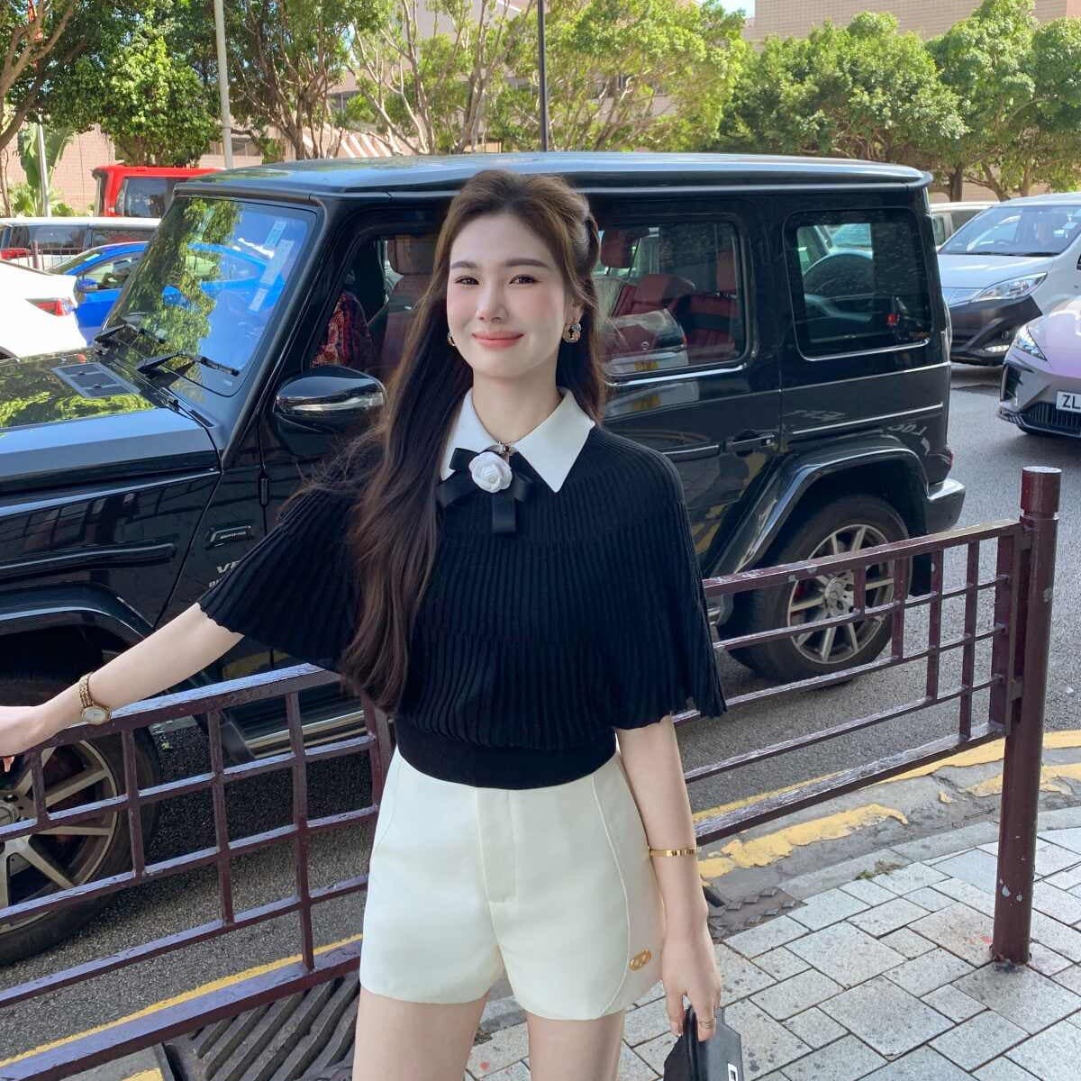 고급 작은 심장 기계 박쥐 셔츠 루즈핏 빅 사이즈 반팔 티셔츠 여성 새로운 여름 프랑스식 쇼트 스타일 니트 맨위 이미지 5