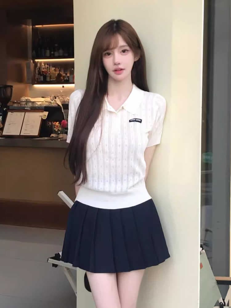 화이트 POLO 셔츠 니트 반팔 티셔츠 여성 여름 얼음 실크 한국 스타일 배색 뒤집다 슬림해 보이는 칼라 폴로 칼라 맨위