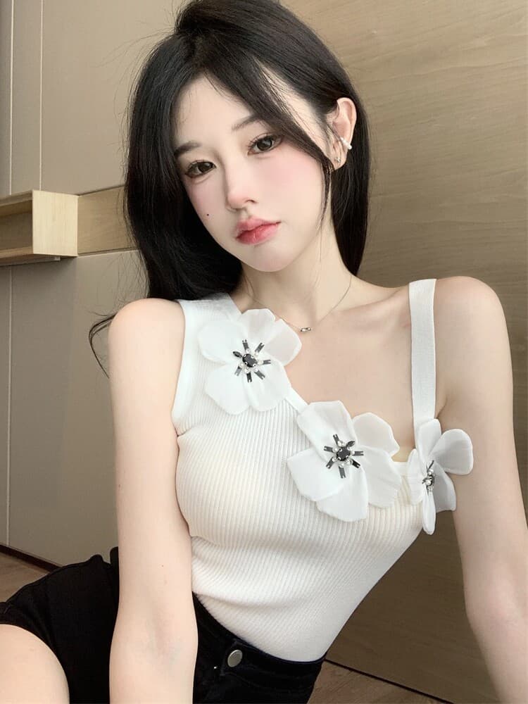 섹시함 작은 심장 기계 슬림해 보이는 캐미솔 패션 불규칙 기본 셔츠 레트로 3 차원 꽃 오프숄더 맨위 상세 이미지 5
