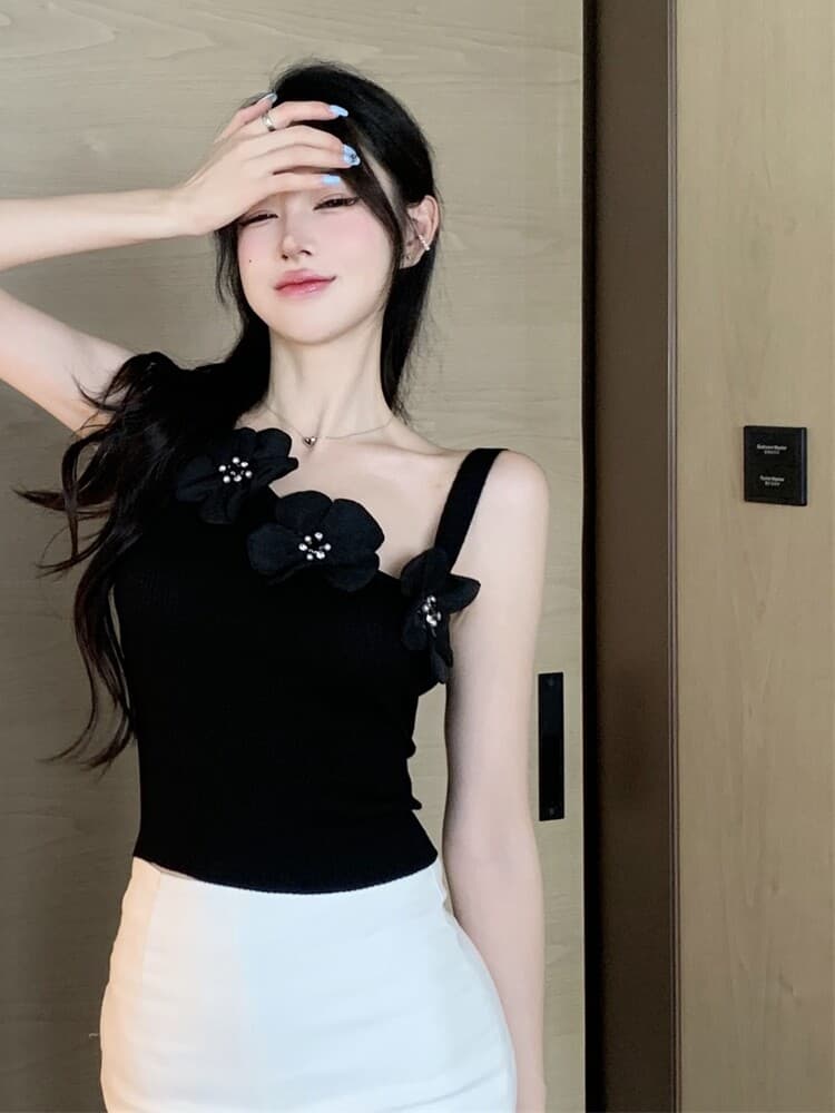 섹시함 작은 심장 기계 슬림해 보이는 캐미솔 패션 불규칙 기본 셔츠 레트로 3 차원 꽃 오프숄더 맨위 상세 이미지 8