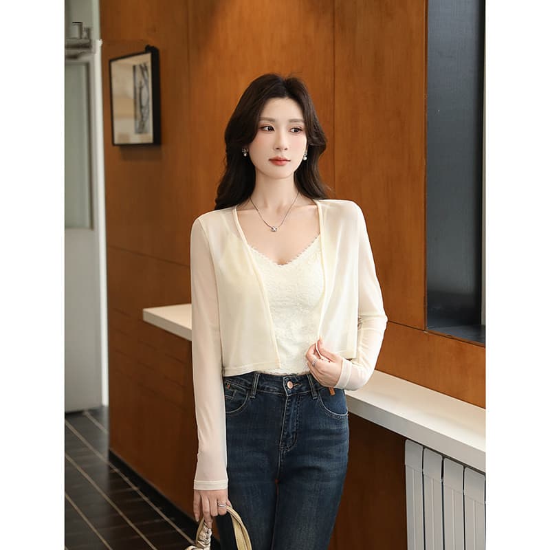 작은 열림 셔츠 얇은 스타일 여성 여름 Tulle 슬립 드레스 외부 코디 치마 태양 보호 셔츠 에어컨 셔츠 상세 이미지 1
