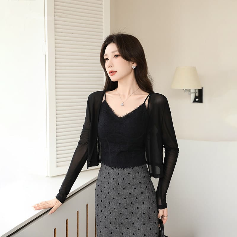 작은 열림 셔츠 얇은 스타일 여성 여름 Tulle 슬립 드레스 외부 코디 치마 태양 보호 셔츠 에어컨 셔츠 상세 이미지 2