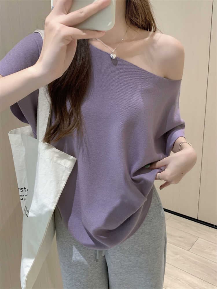 프랑스식 비스듬한 어깨 니트 배트윙 소매 티셔츠 여성 여름 순수한 욕망 바람 루즈핏 반팔 ins 섹시함 오프숄더 만나는 맨위 이미지 3