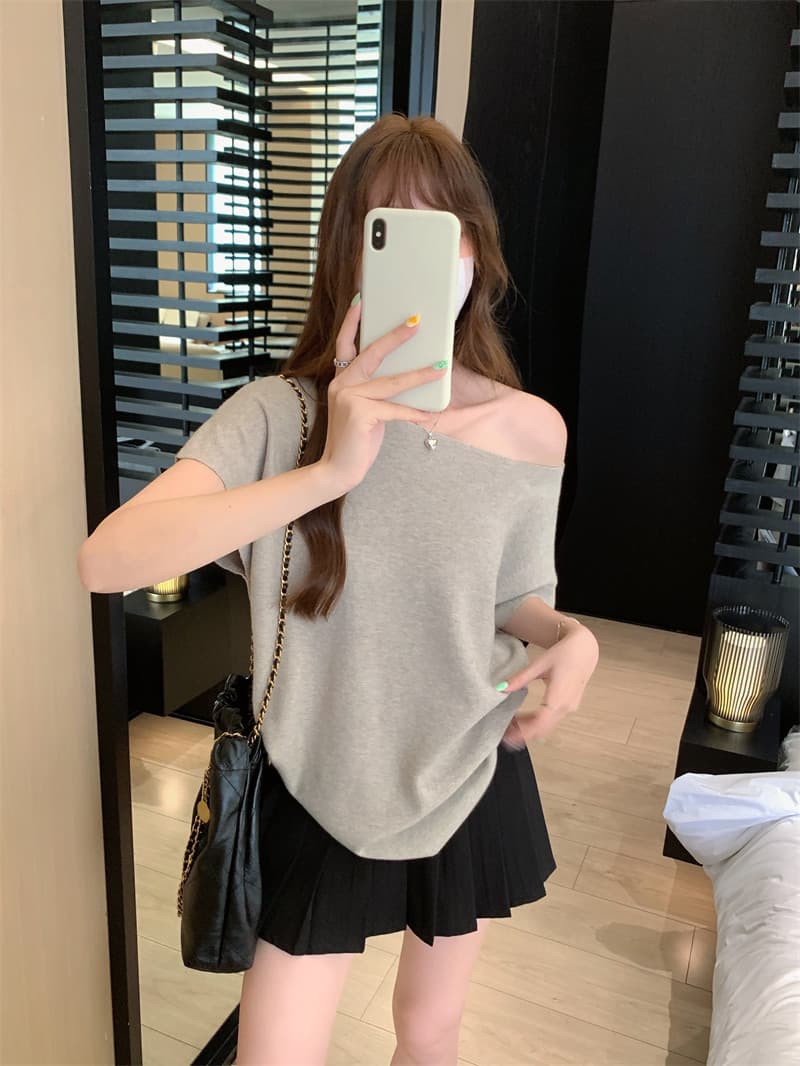 프랑스식 비스듬한 어깨 니트 배트윙 소매 티셔츠 여성 여름 순수한 욕망 바람 루즈핏 반팔 ins 섹시함 오프숄더 만나는 맨위 상세 이미지 5