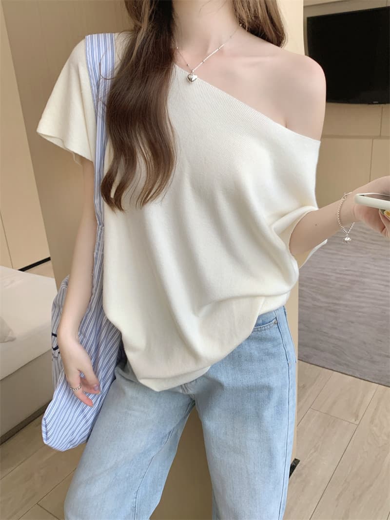 프랑스식 비스듬한 어깨 니트 배트윙 소매 티셔츠 여성 여름 순수한 욕망 바람 루즈핏 반팔 ins 섹시함 오프숄더 만나는 맨위 상세 이미지 9