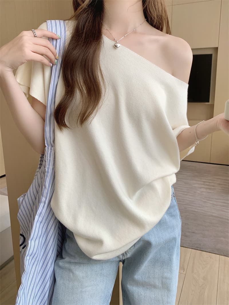 프랑스식 비스듬한 어깨 니트 배트윙 소매 티셔츠 여성 여름 순수한 욕망 바람 루즈핏 반팔 ins 섹시함 오프숄더 만나는 맨위 상세 이미지 10