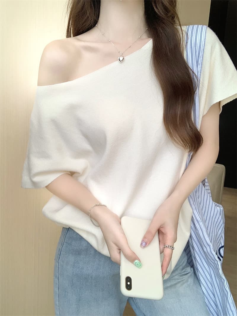 프랑스식 비스듬한 어깨 니트 배트윙 소매 티셔츠 여성 여름 순수한 욕망 바람 루즈핏 반팔 ins 섹시함 오프숄더 만나는 맨위 상세 이미지 11
