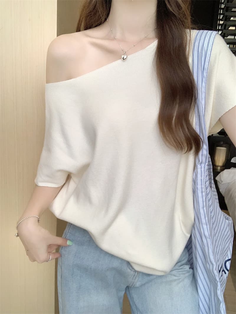 프랑스식 비스듬한 어깨 니트 배트윙 소매 티셔츠 여성 여름 순수한 욕망 바람 루즈핏 반팔 ins 섹시함 오프숄더 만나는 맨위 상세 이미지 12