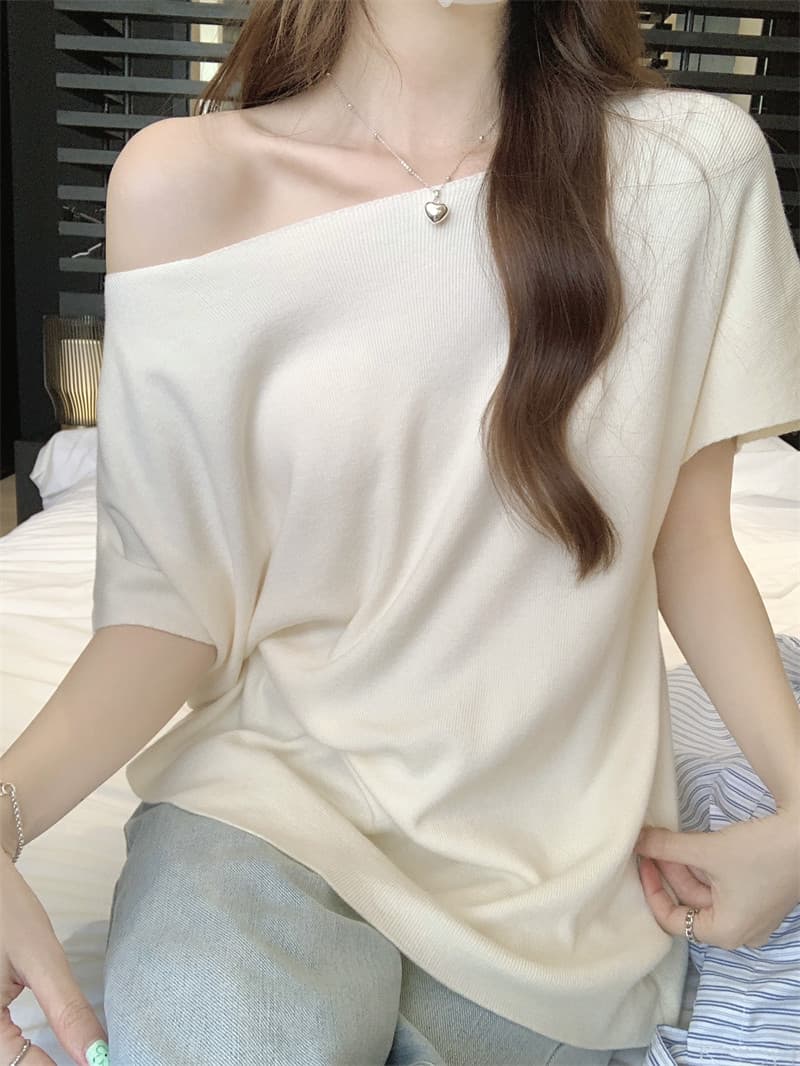 프랑스식 비스듬한 어깨 니트 배트윙 소매 티셔츠 여성 여름 순수한 욕망 바람 루즈핏 반팔 ins 섹시함 오프숄더 만나는 맨위 상세 이미지 14