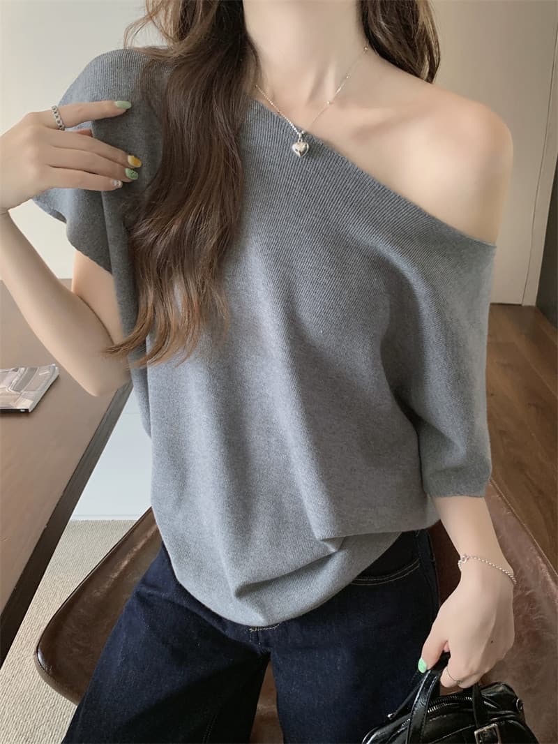 프랑스식 비스듬한 어깨 니트 배트윙 소매 티셔츠 여성 여름 순수한 욕망 바람 루즈핏 반팔 ins 섹시함 오프숄더 만나는 맨위 상세 이미지 25