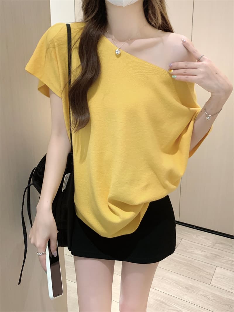 프랑스식 비스듬한 어깨 니트 배트윙 소매 티셔츠 여성 여름 순수한 욕망 바람 루즈핏 반팔 ins 섹시함 오프숄더 만나는 맨위 상세 이미지 26