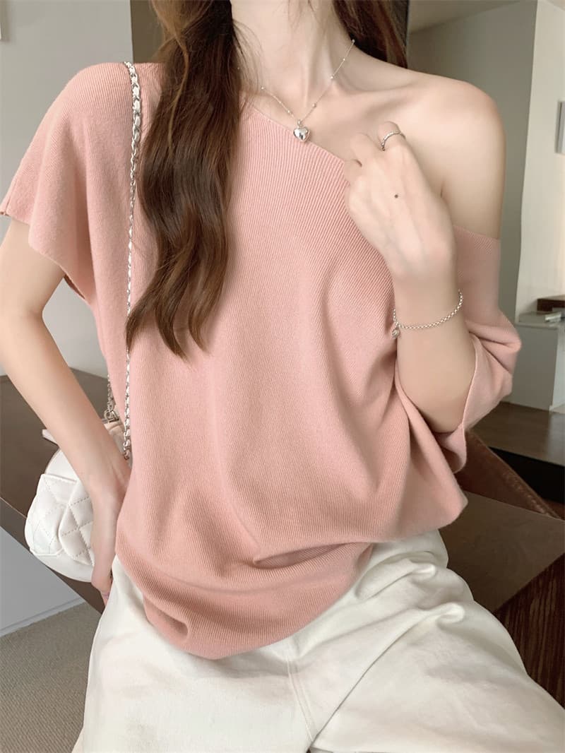 프랑스식 비스듬한 어깨 니트 배트윙 소매 티셔츠 여성 여름 순수한 욕망 바람 루즈핏 반팔 ins 섹시함 오프숄더 만나는 맨위 상세 이미지 35