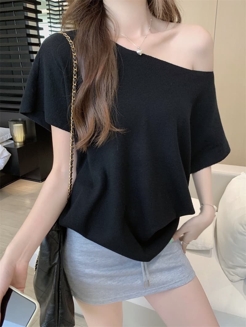 프랑스식 비스듬한 어깨 니트 배트윙 소매 티셔츠 여성 여름 순수한 욕망 바람 루즈핏 반팔 ins 섹시함 오프숄더 만나는 맨위 상세 이미지 40