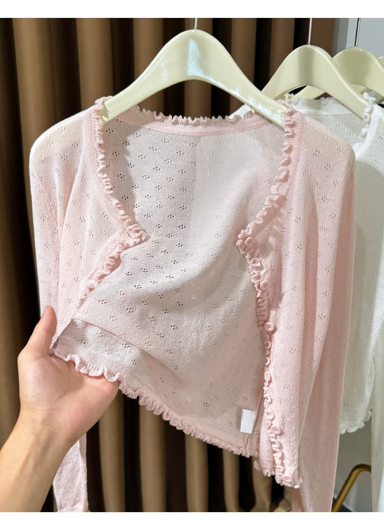 핑크색 얼음 실크 니트 오픈 가디건 여성 디자인 센스 홀로우 아웃 외부 가져 가라. 숄 경기 치마 얇고 가벼운 블라우스 자외선 차단 작은 외투 상세 이미지 12