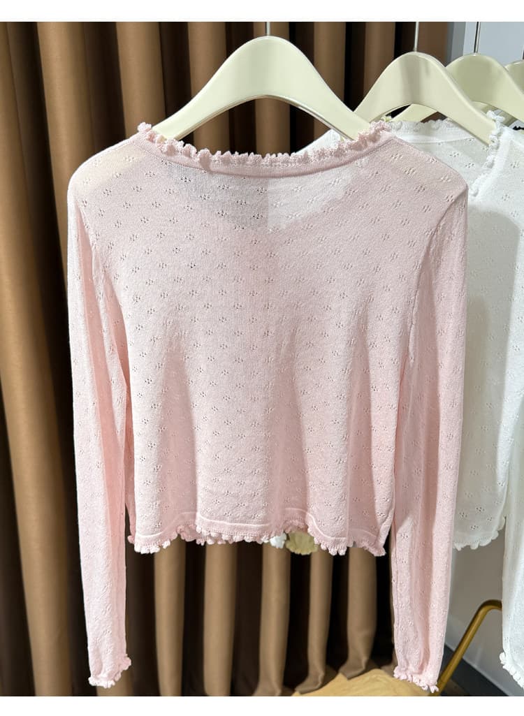 핑크색 얼음 실크 니트 오픈 가디건 여성 디자인 센스 홀로우 아웃 외부 가져 가라. 숄 경기 치마 얇고 가벼운 블라우스 자외선 차단 작은 외투 상세 이미지 14