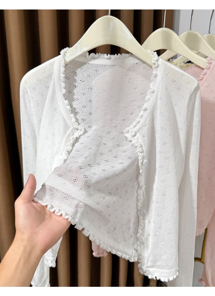 핑크색 얼음 실크 니트 오픈 가디건 여성 디자인 센스 홀로우 아웃 외부 가져 가라. 숄 경기 치마 얇고 가벼운 블라우스 자외선 차단 작은 외투 상세 이미지 22