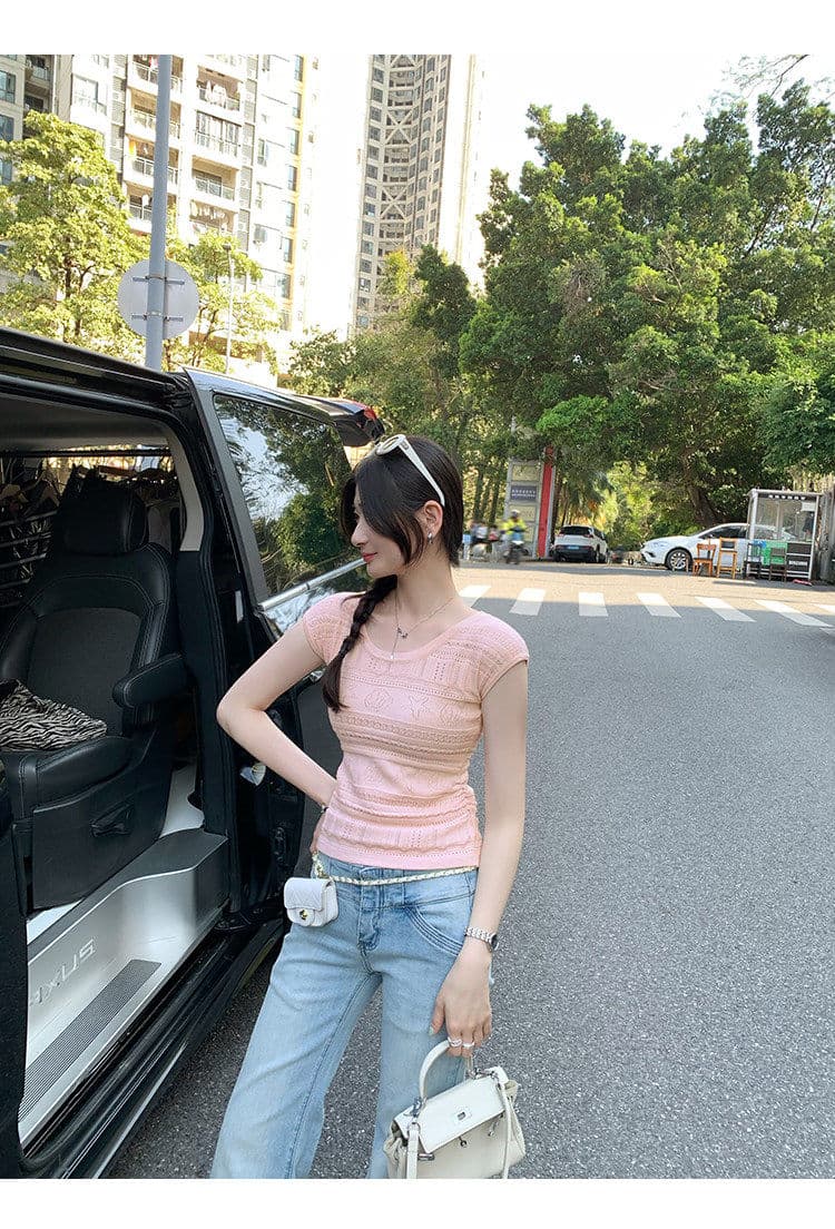 프랑스식 자수 홀로우 아웃 몸매 가꾸기 반팔 니트 스웨터 여성 여름 2026 새로운 얇은 스타일 꼬집기 허리 슬림해 보이는 쇼트 스타일 작은 맨위 상세 이미지 11