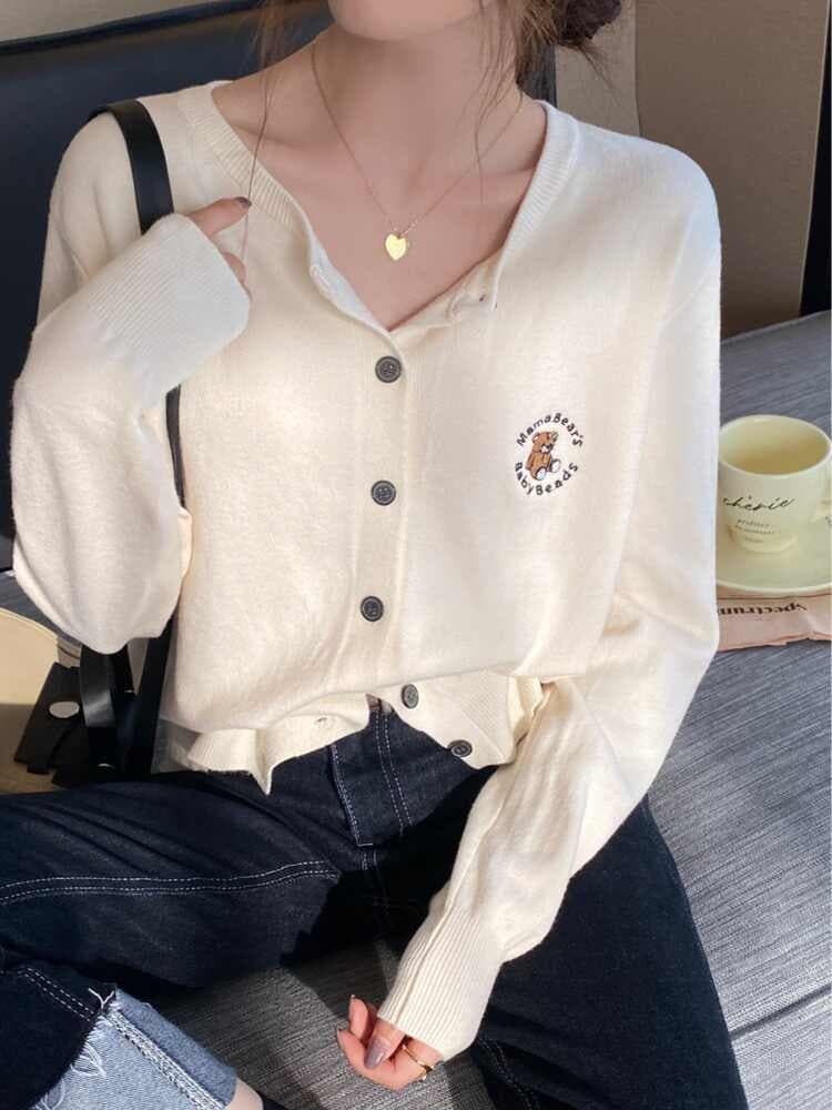 작은 곰 자수 한 부서 조기 가을 착용 가져 가라. 니트 오픈 가디건 스웨터 여성 코트 외부 가져 가라. 쇼트 스타일 루즈핏 외출용 맨위 이미지 2