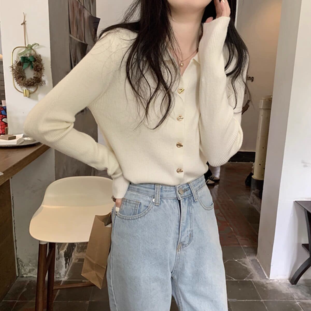 POLO 칼라 니트 오픈 가디건 여성 가을 겨울 새로운 인사이드 가져 가라. 기본 셔츠 부드러운 찹쌀 스웨터 몸매 가꾸기 맨위 재킷 봄 상세 이미지 4