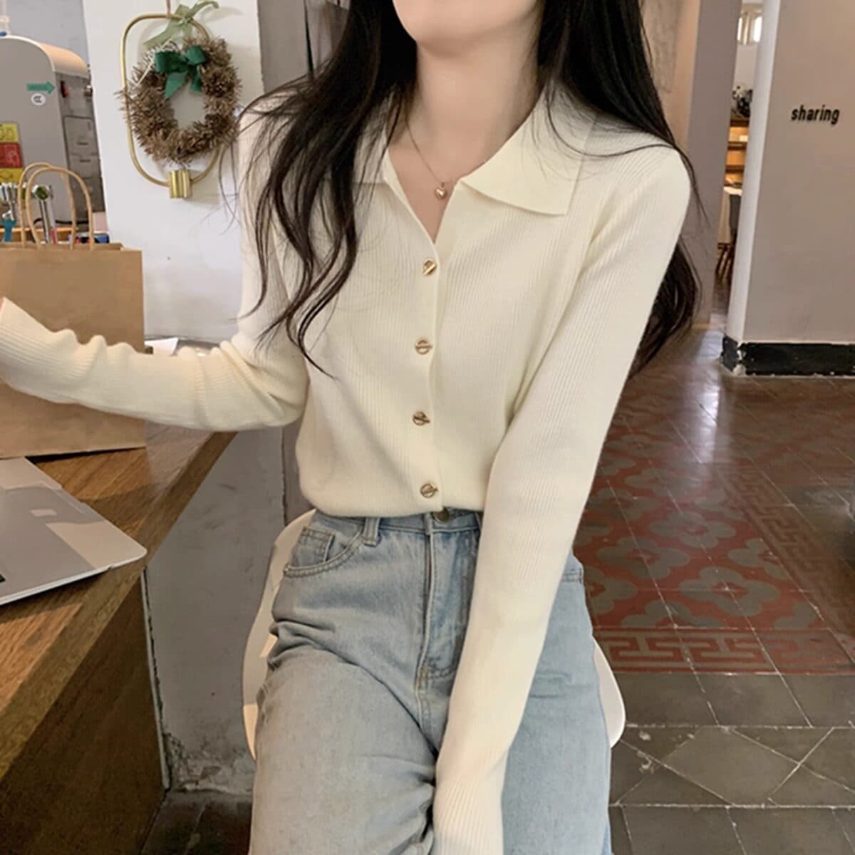 POLO 칼라 니트 오픈 가디건 여성 가을 겨울 새로운 인사이드 가져 가라. 기본 셔츠 부드러운 찹쌀 스웨터 몸매 가꾸기 맨위 재킷 봄 상세 이미지 6