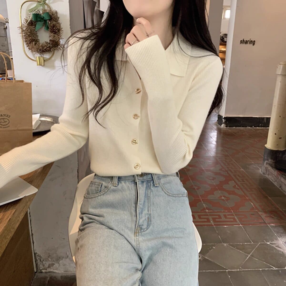 POLO 칼라 니트 오픈 가디건 여성 가을 겨울 새로운 인사이드 가져 가라. 기본 셔츠 부드러운 찹쌀 스웨터 몸매 가꾸기 맨위 재킷 봄 상세 이미지 8