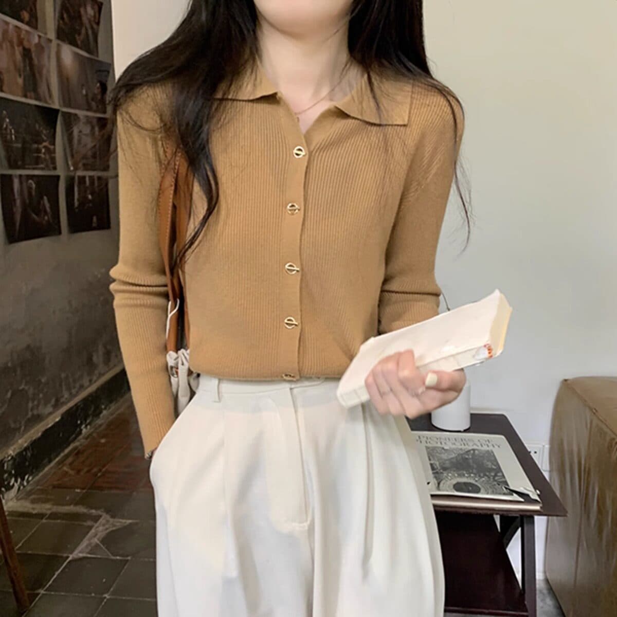 POLO 칼라 니트 오픈 가디건 여성 가을 겨울 새로운 인사이드 가져 가라. 기본 셔츠 부드러운 찹쌀 스웨터 몸매 가꾸기 맨위 재킷 봄 상세 이미지 11