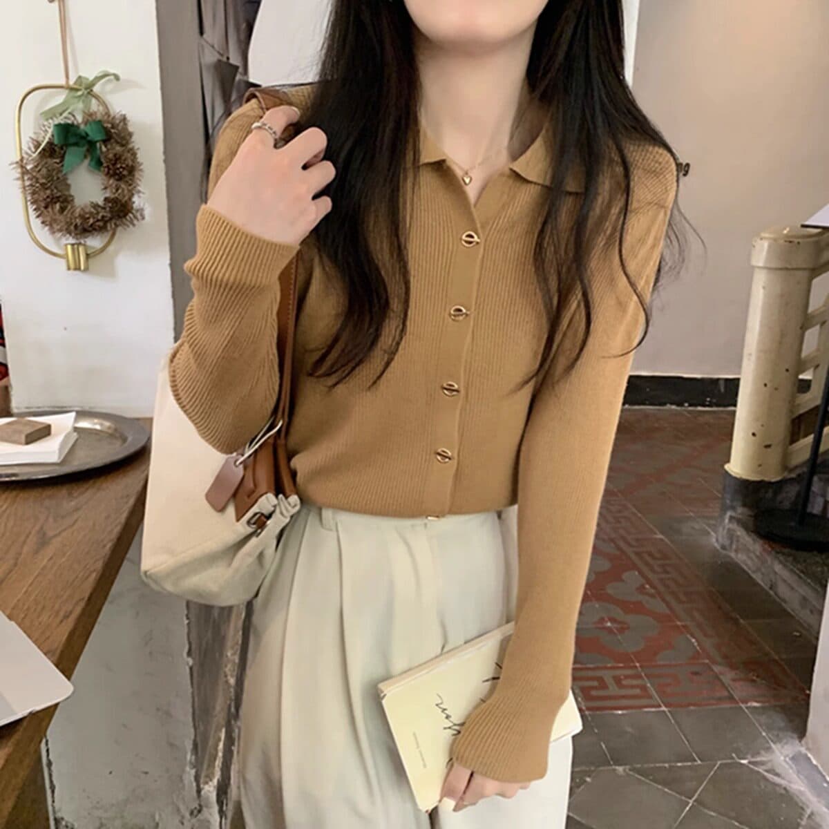 POLO 칼라 니트 오픈 가디건 여성 가을 겨울 새로운 인사이드 가져 가라. 기본 셔츠 부드러운 찹쌀 스웨터 몸매 가꾸기 맨위 재킷 봄 상세 이미지 15